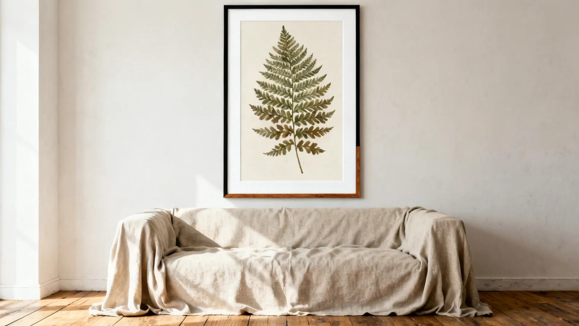 Large botanical print with wide white margins above a neutral sofa in a rustic-modern living room.