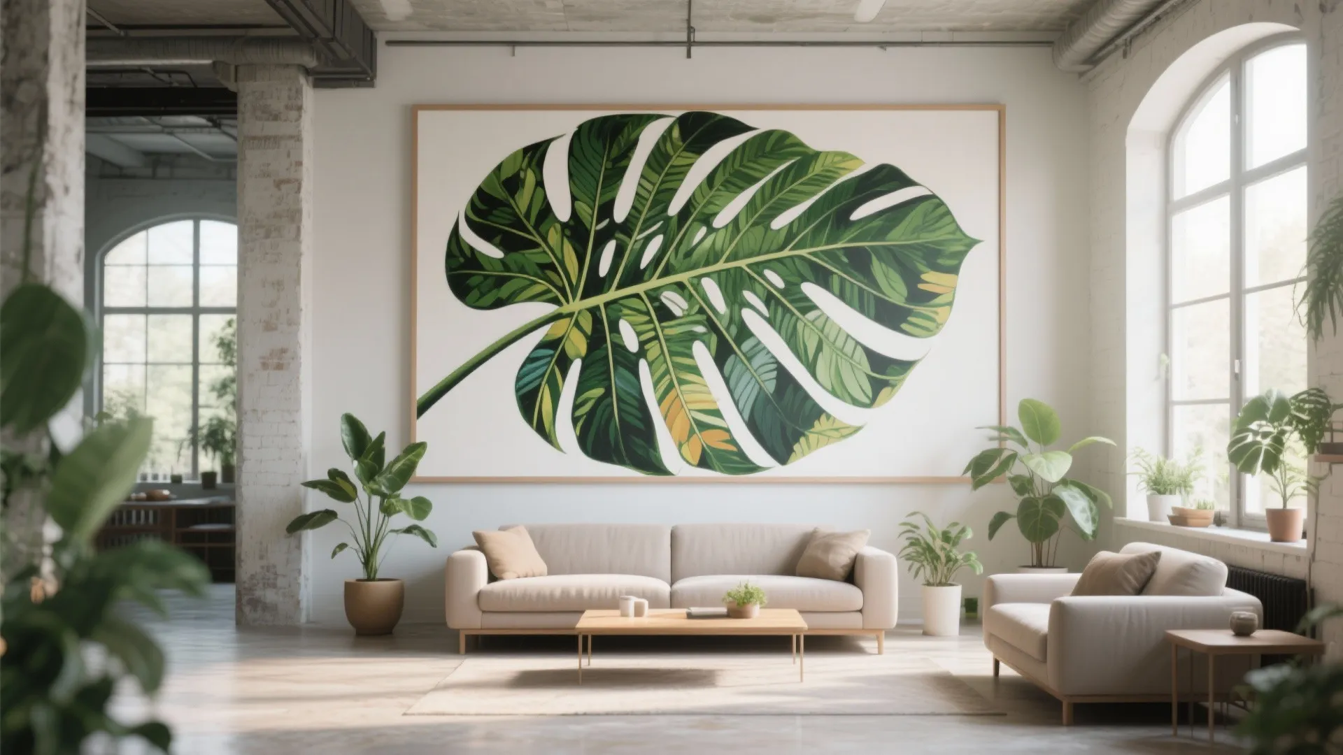 Oversized botanical canvas in a bright loft living room