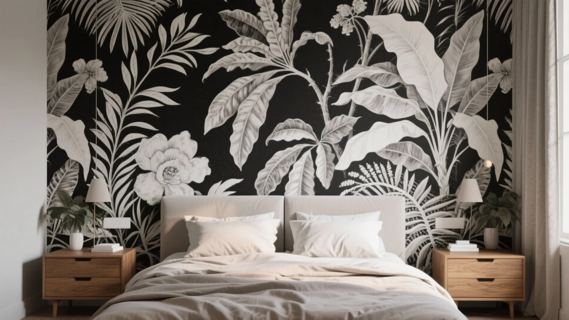 Bedroom with a large-scale black-and-white botanical wallpaper balanced by warm wood furniture