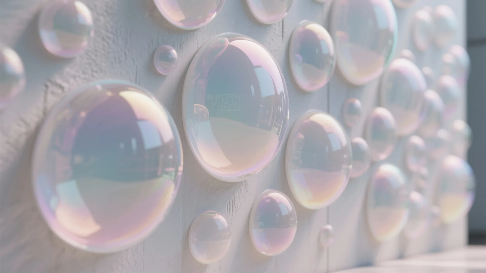 White wall panel decorated with many clear iridescent bubbles of different sizes in natural light