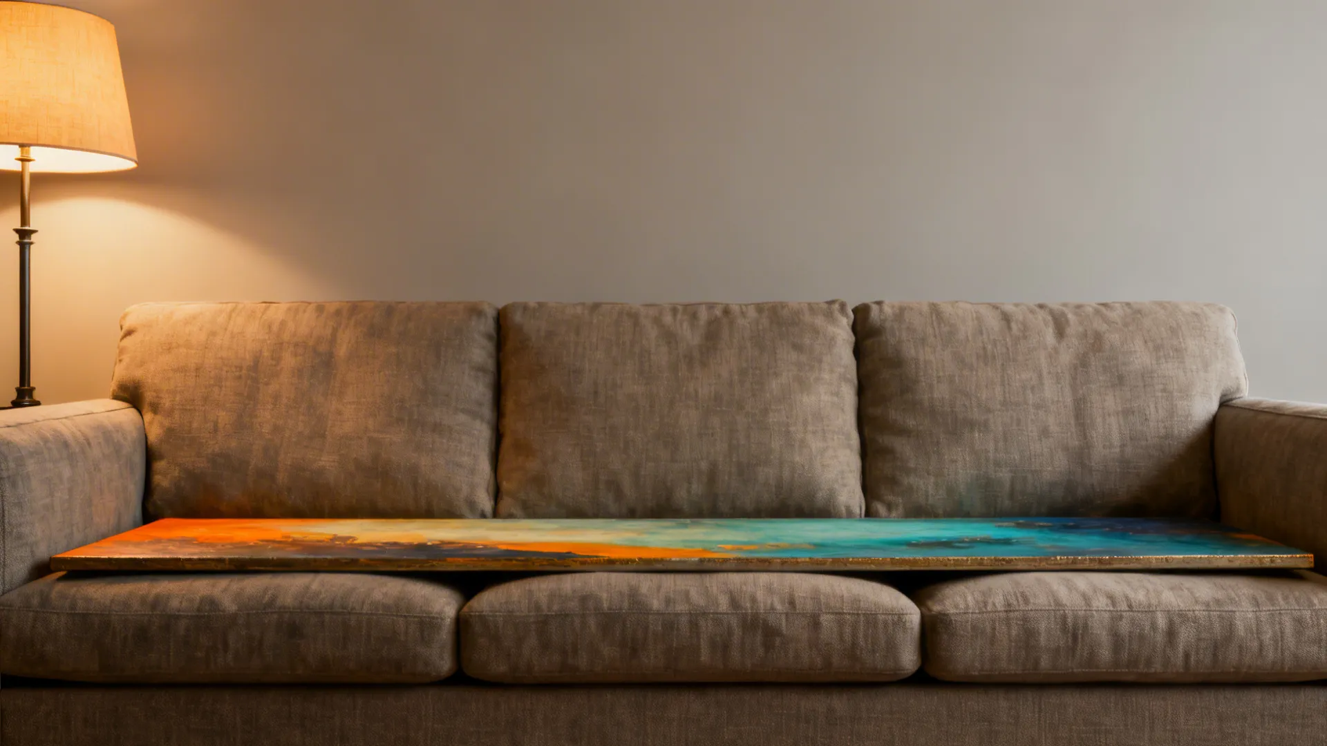 Living room with a large statement painting spanning two-thirds of the sofa, creating a museum-like focal point.