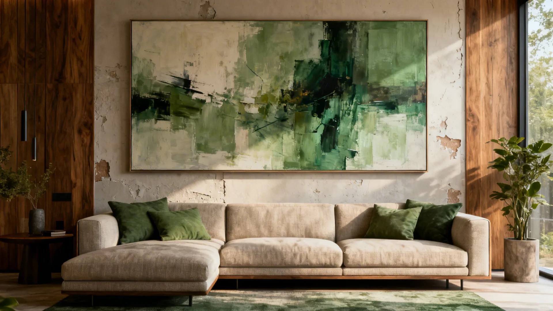 Living area with a large abstract canvas above the sofa balancing the wall