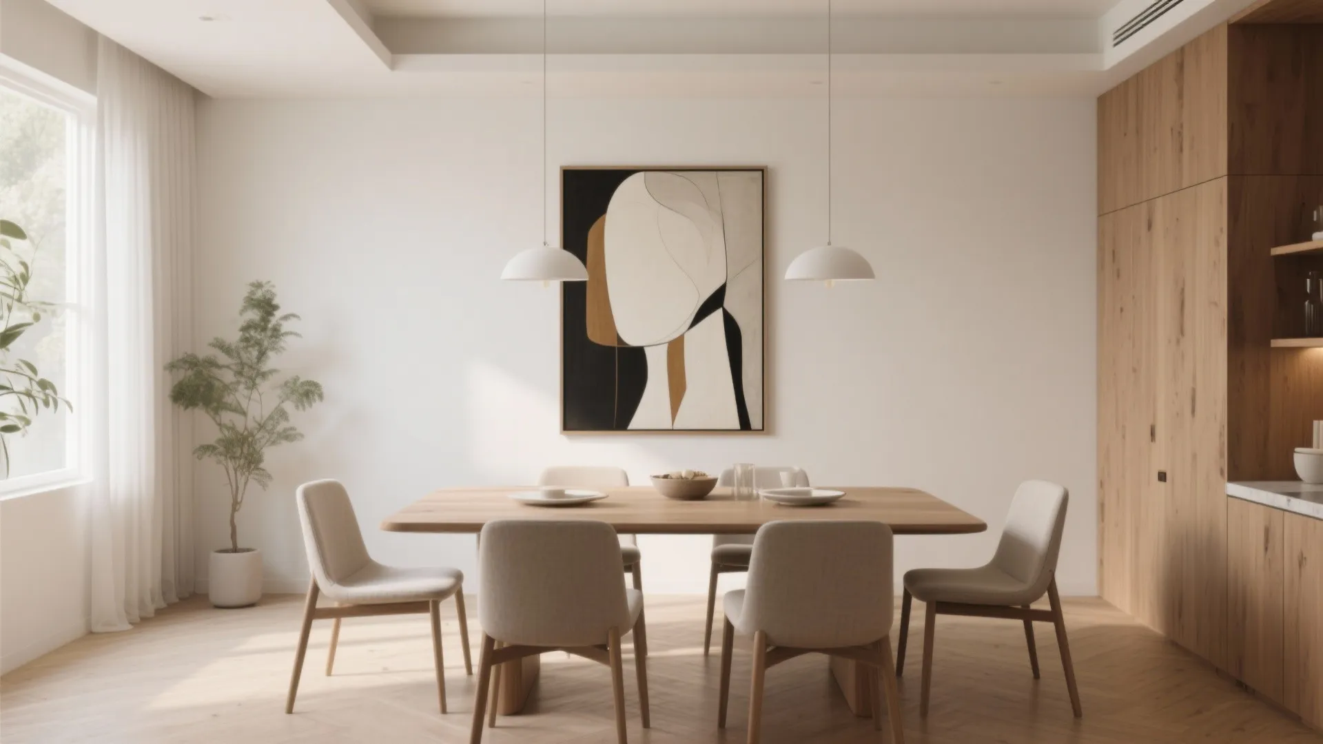 Modern dining room with wooden table, grey chairs, large abstract wall art, and white lights