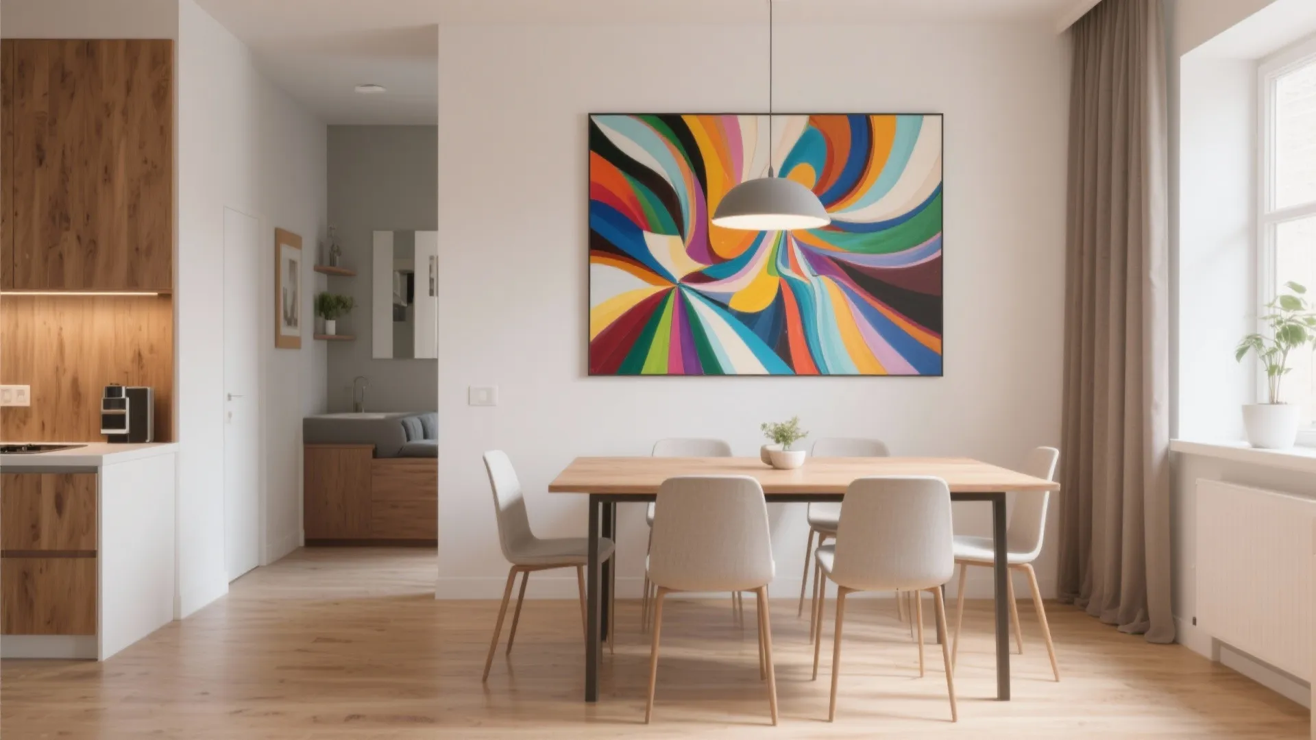 Modern dining area with colorful abstract wall art wooden table grey chairs and bright natural light