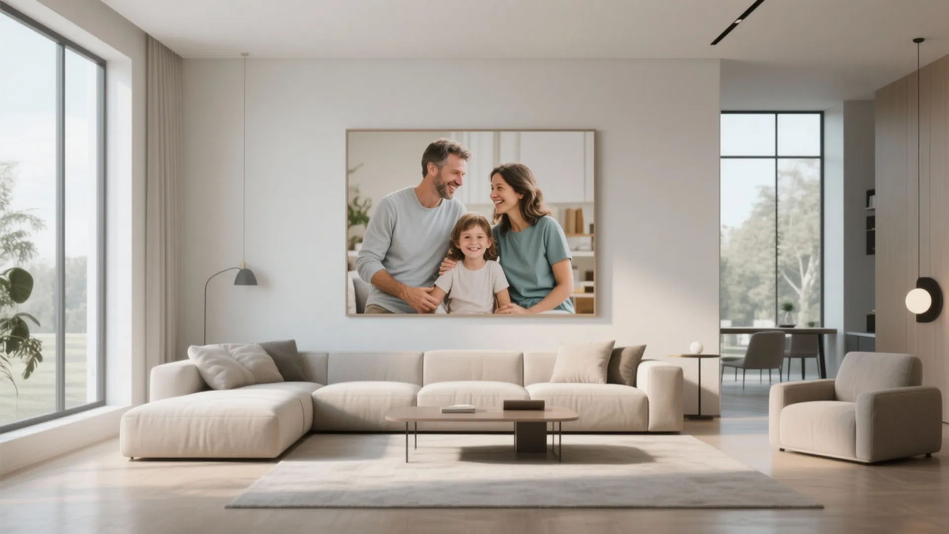 Large family photo canvas hanging on a white wall above a modern cream sectional sofa