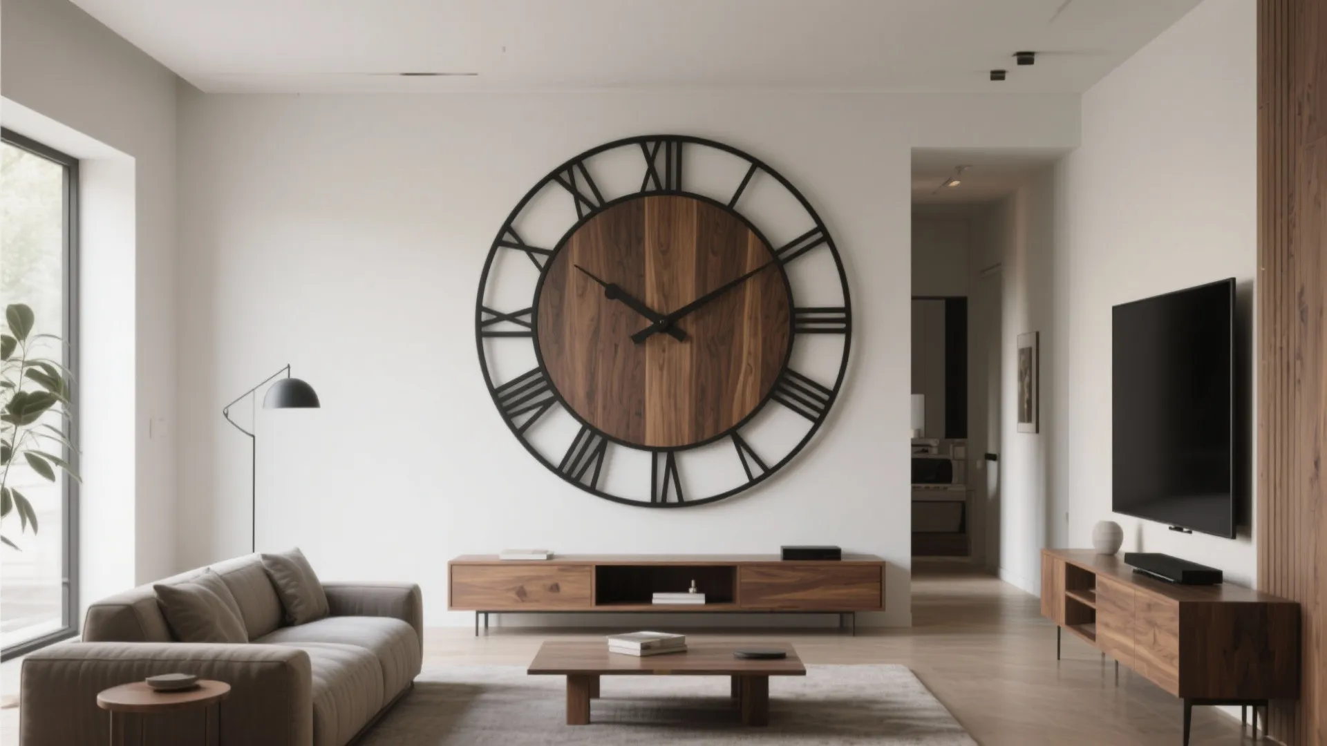 Open-plan living room with an oversized matte wood-and-iron clock as the focal point on a pale wall with soft daylight.