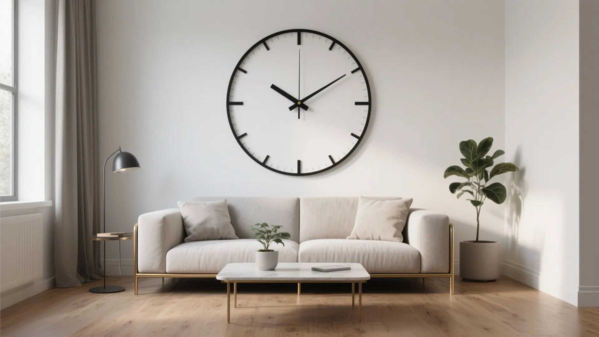 Minimalist living room featuring a large round wall clock above a white sofa and table