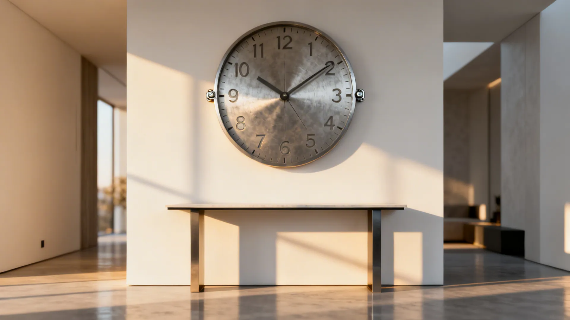 Large round metal wall clock hanging above a slim console table in a bright minimalist room
