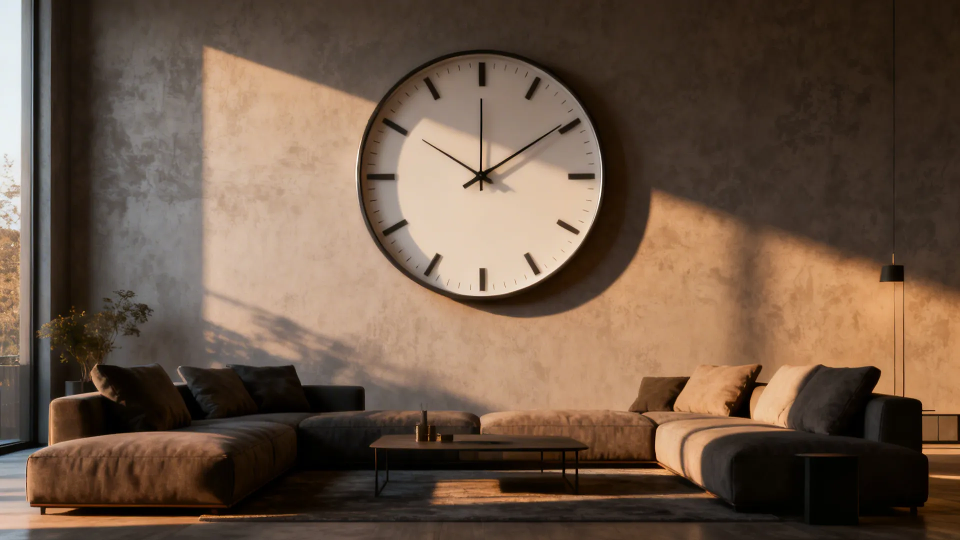 Large wall clock above a dark grey sofa and coffee table in a modern room
