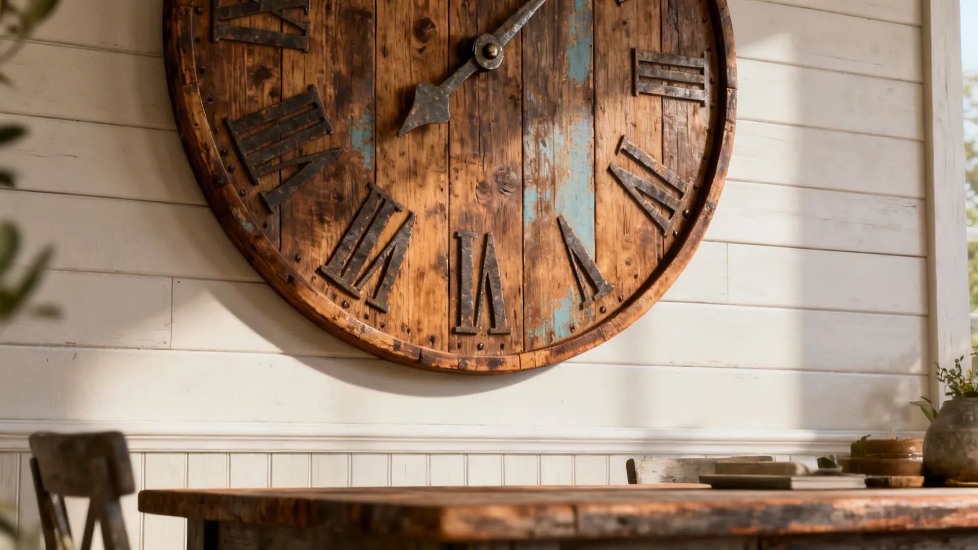 Close-up of a reclaimed-wood oversized vintage clock on a painted shiplap wall above a dining table.