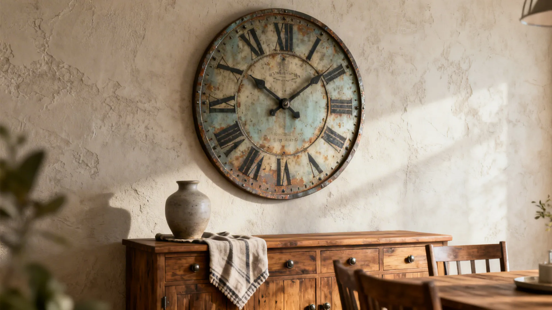 Oversized vintage wall clock above a wooden buffet with neutral styling and a ceramic vase