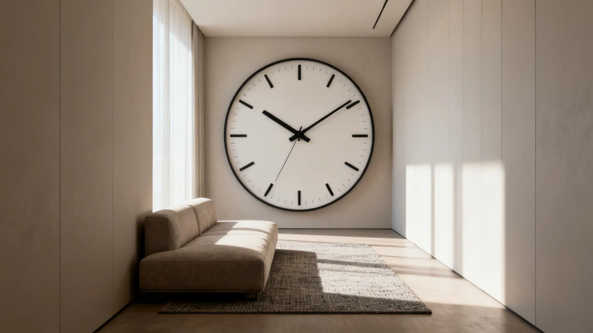 Narrow living room featuring an oversized minimal clock as the visual anchor above a sofa