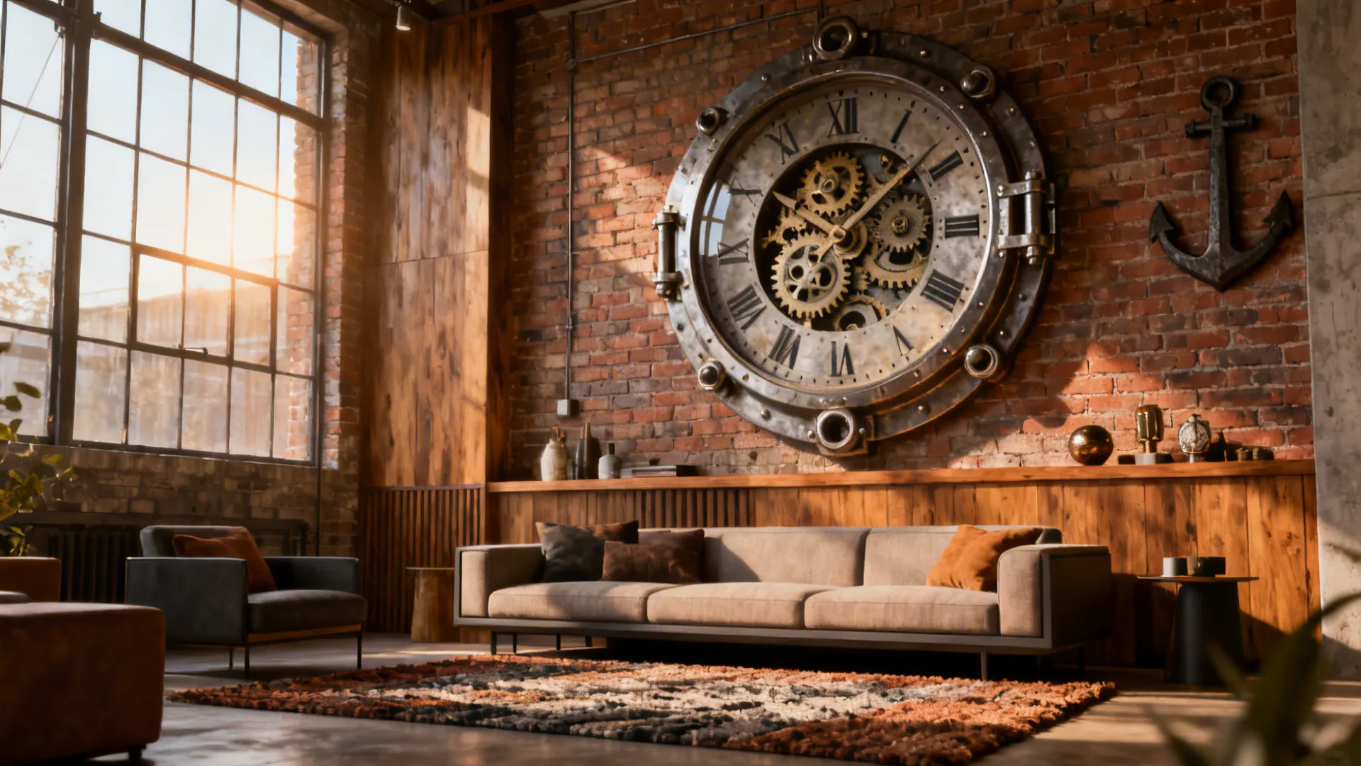 Industrial living room with large wall clock on brick wall sofa rug and bright light