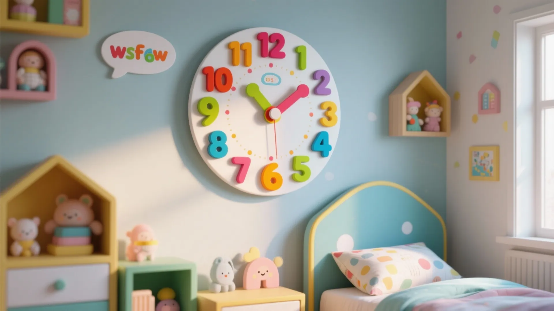 Colorful large wall clock with big numbers in a light blue kids bedroom with small toys