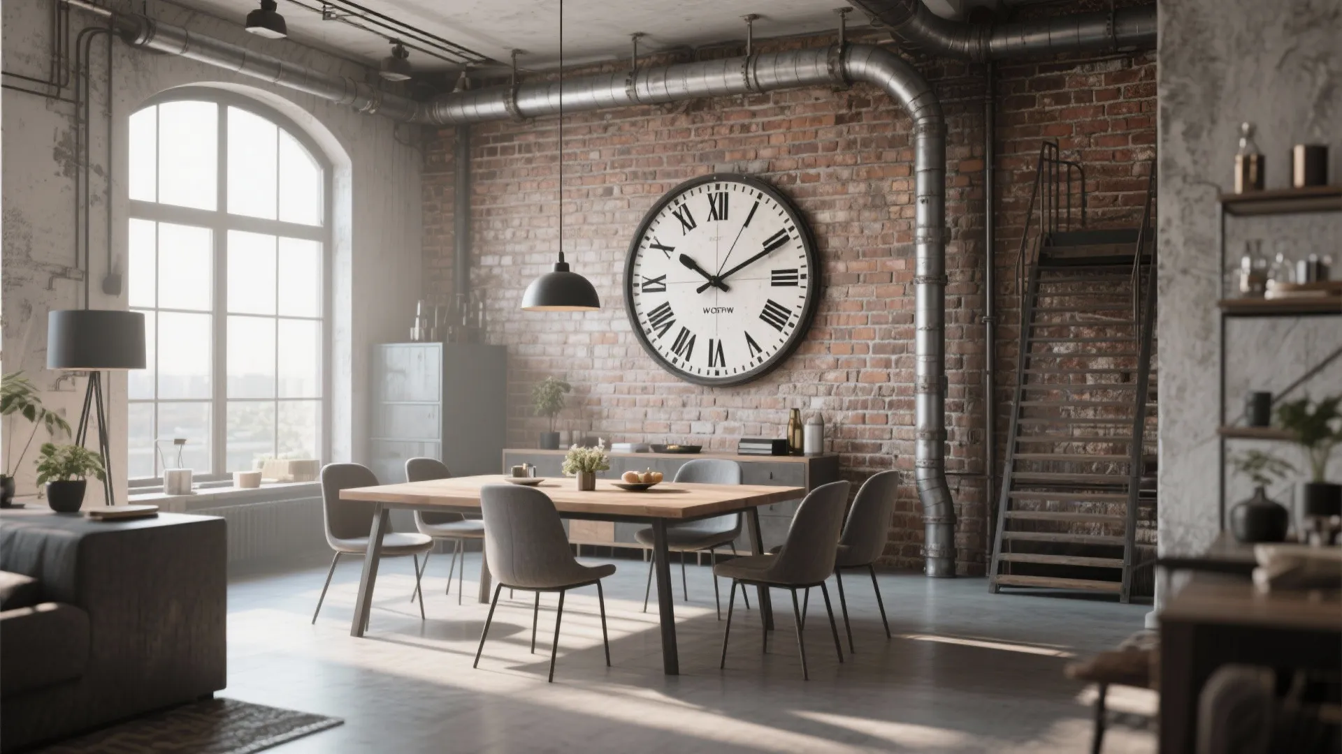 Industrial dining room with brick wall large clock rectangular table grey chairs and metal ceiling pipes