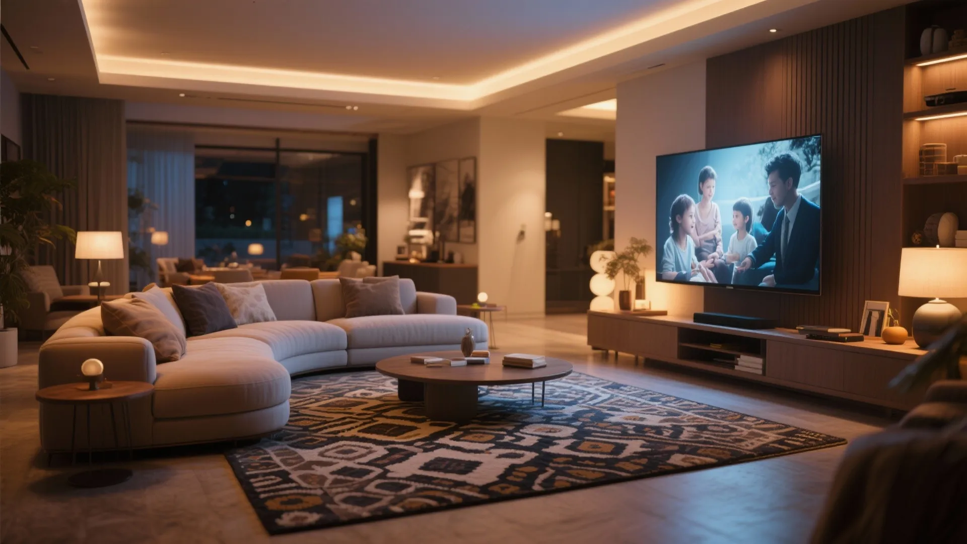 Large curved sofa in spacious living room for entertainment and gatherings