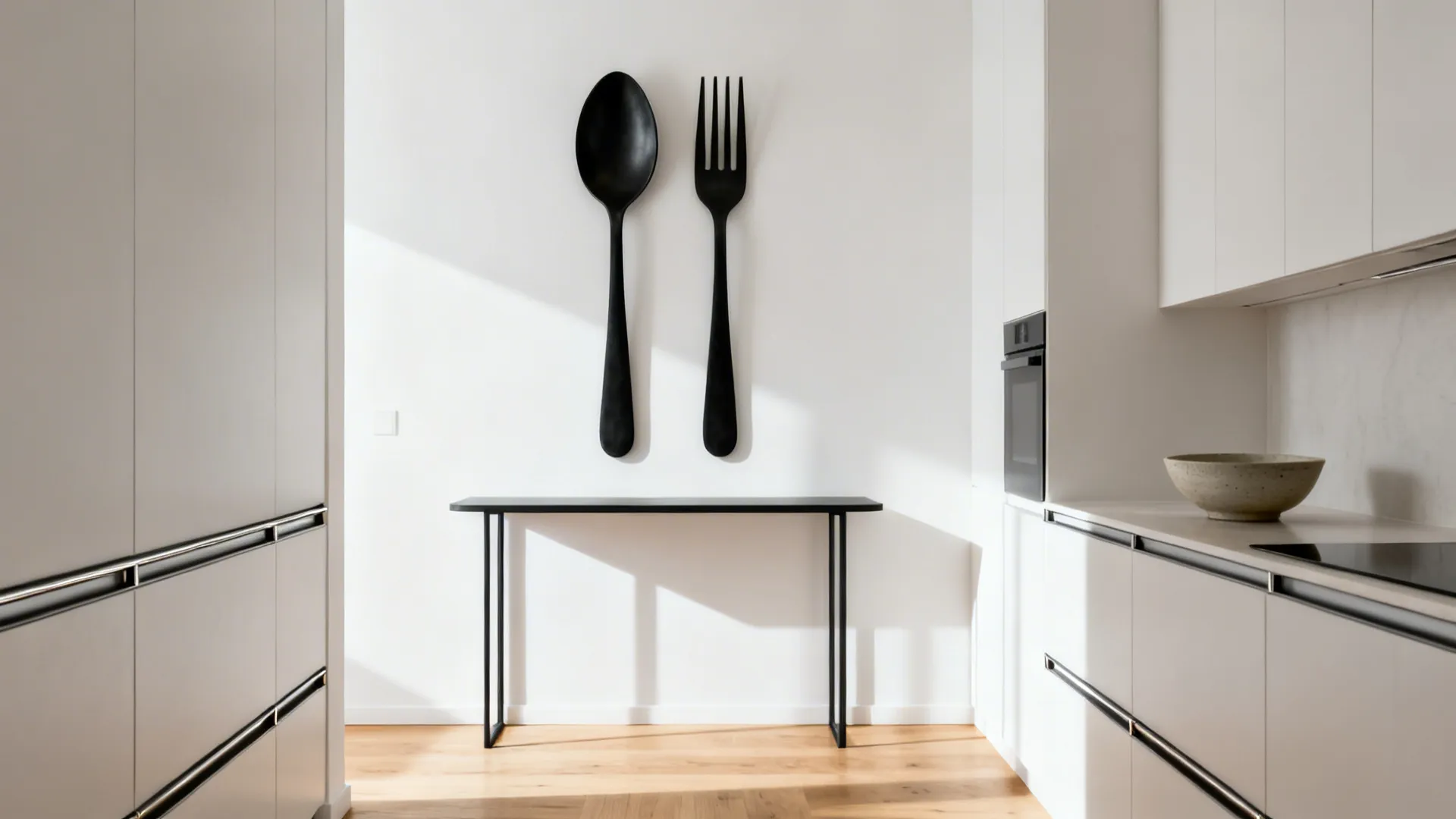Matte-black oversized spoon and fork create a bold focal wall in a compact modern kitchen.