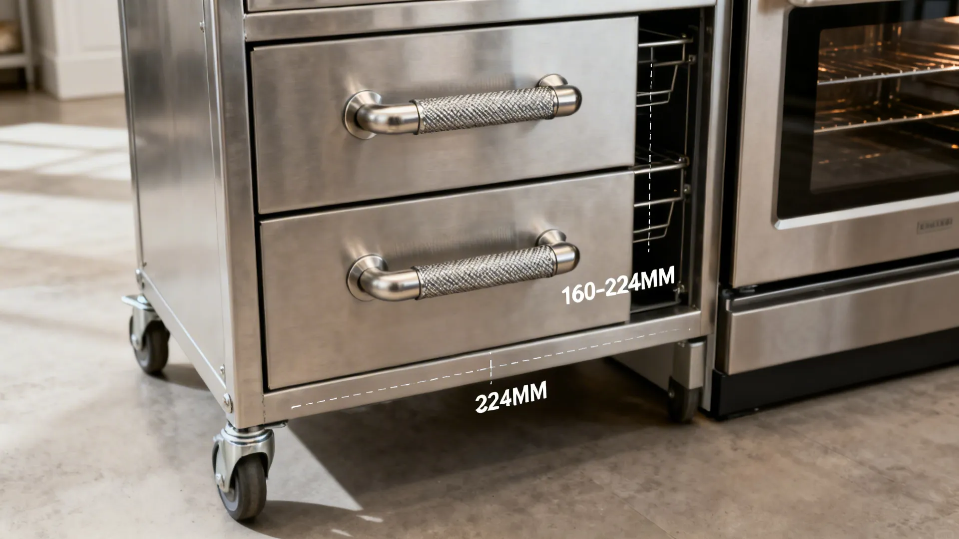 Compact kitchen trolley with oversized knurled D-pulls offering generous clearance.