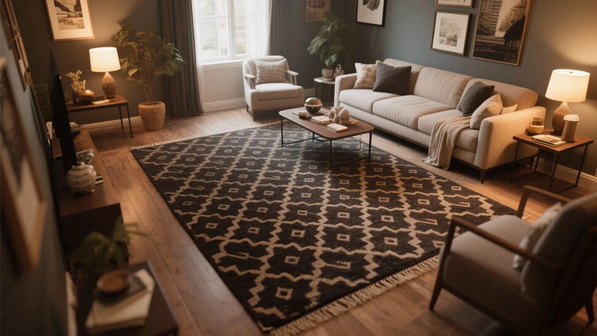 Spacious living room with large dark patterned rug, beige sofa, wooden floor, and warm lamps