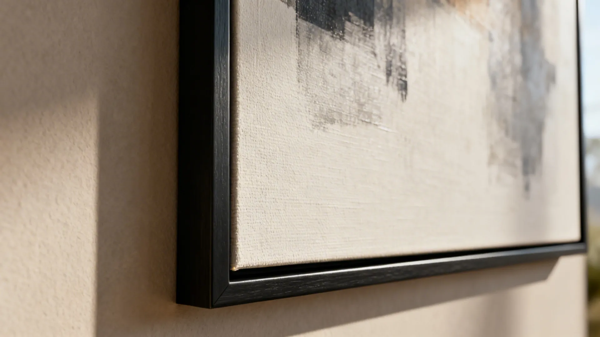 Close-up of a slim black frame and textured abstract canvas with surrounding negative space.