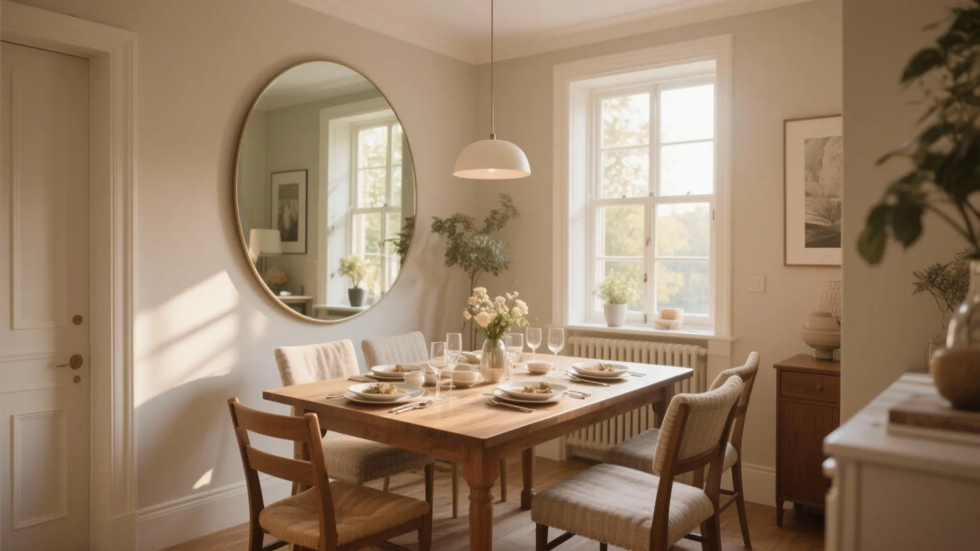 Round wall mirror in dining room with wooden table chairs window and white hanging ceiling light