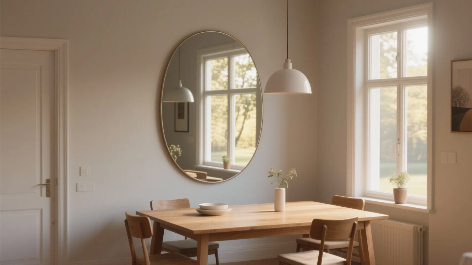 Modern dining room featuring wooden table chairs large round wall mirror and white hanging light