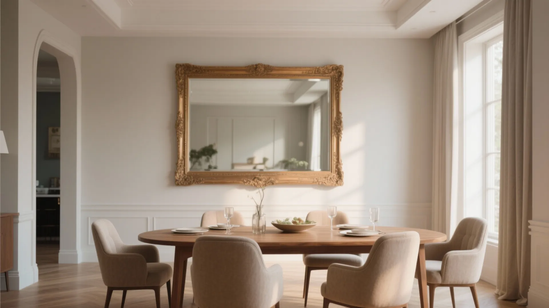 Elegant dining area with wooden table and a large gold frame mirror on the wall