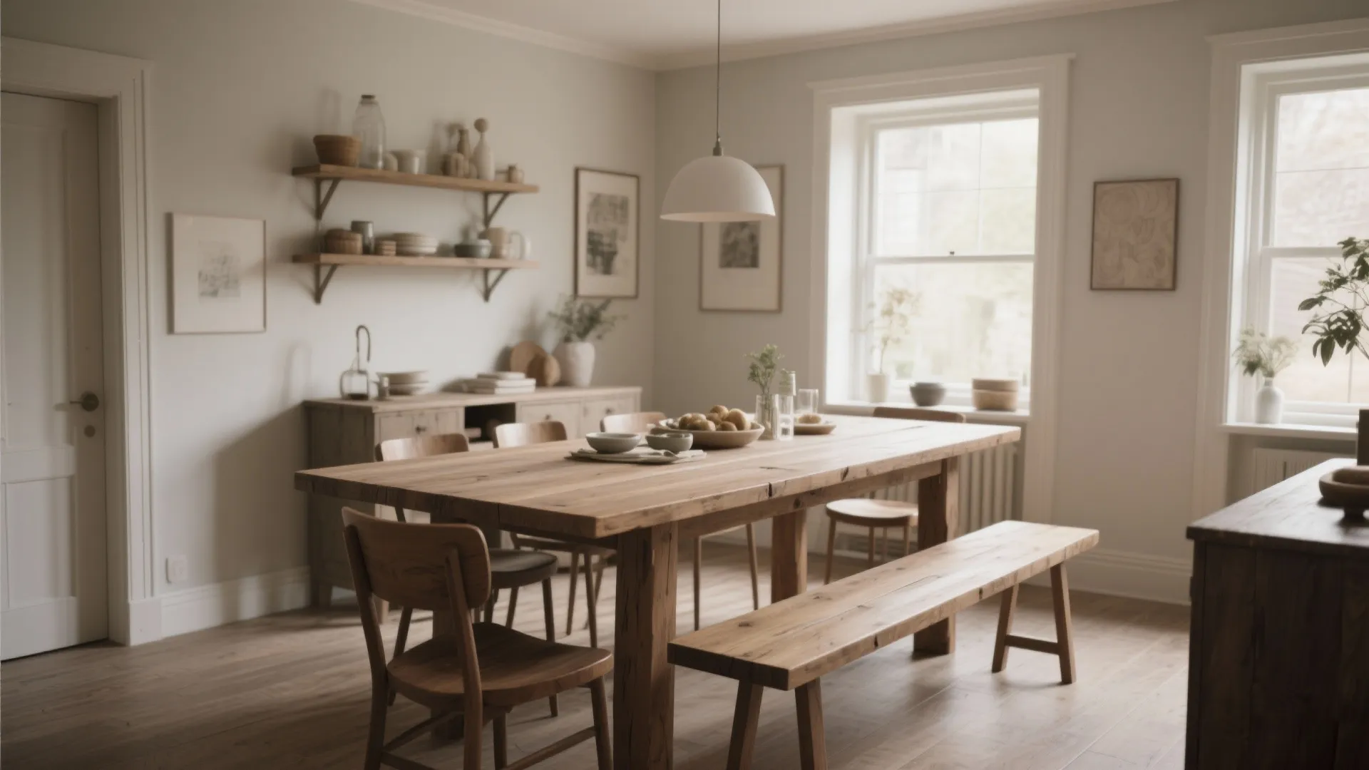 Small dining room with oversized rustic oak table and benches