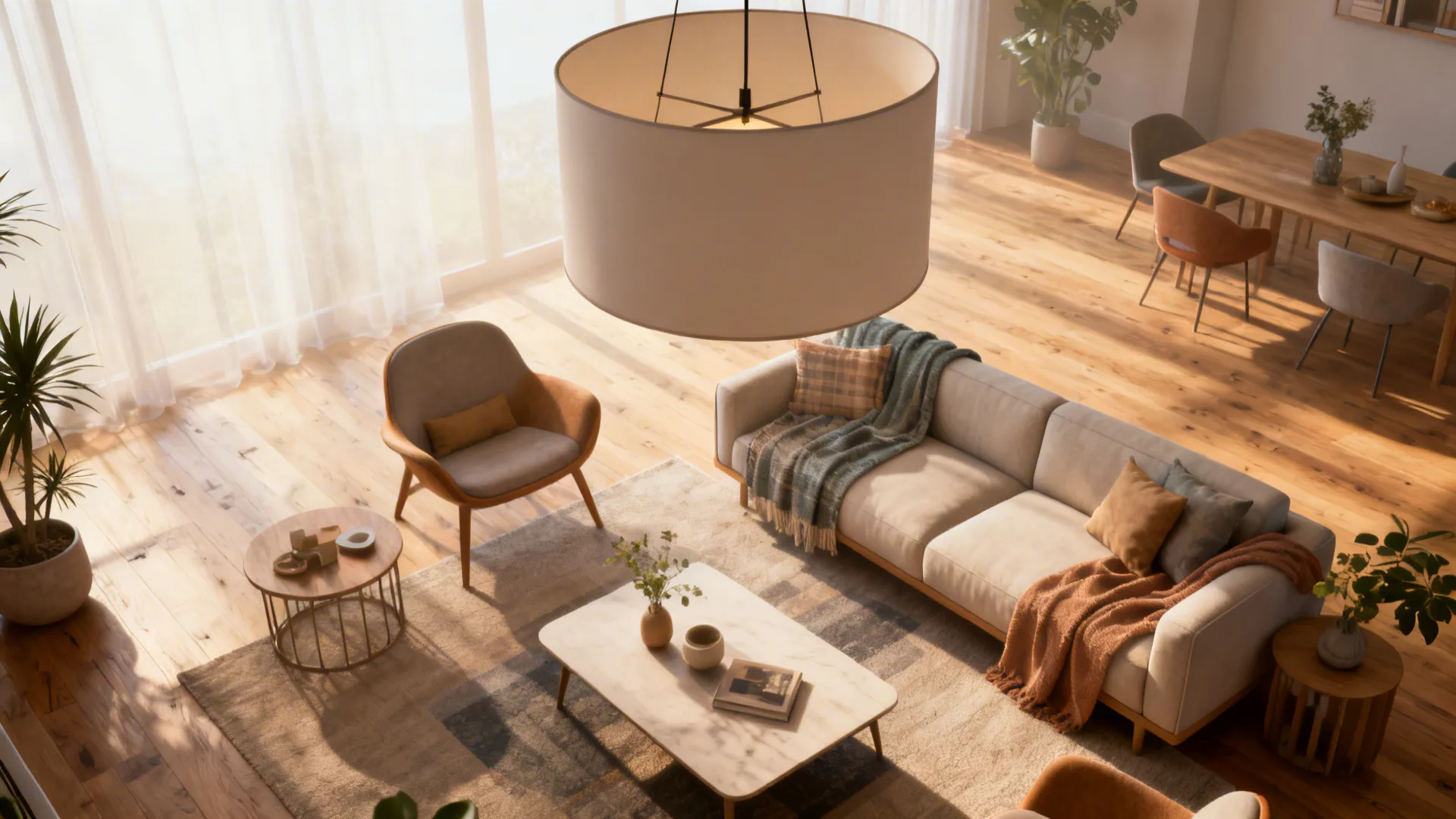 Sunlit living room with a large white ceiling light over a sofa and coffee table area