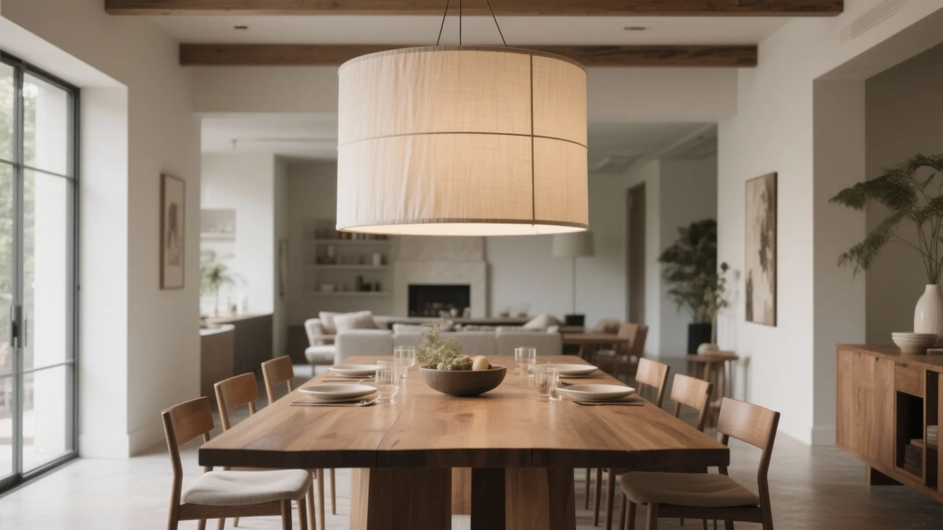 Oversized drum shade pendant above a wooden dining table
