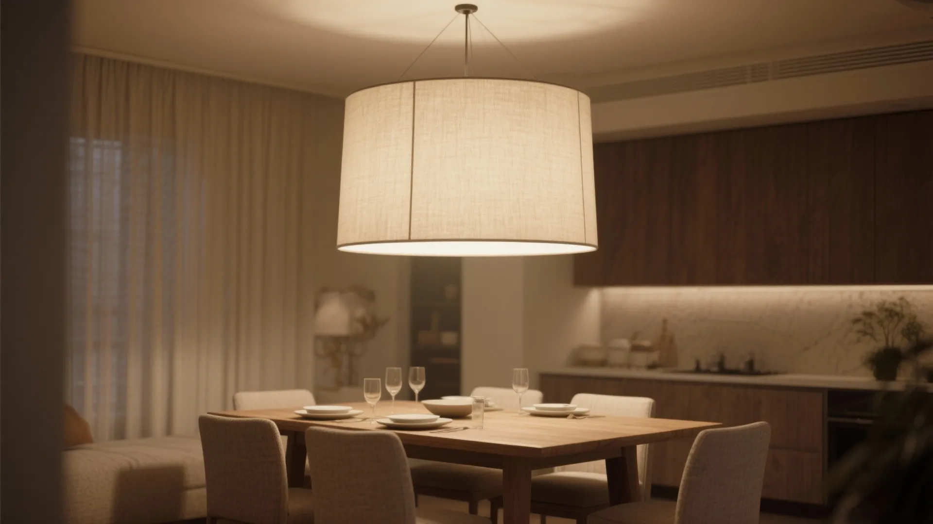 Cozy dining room with oversized fabric drum shade in neutral tones