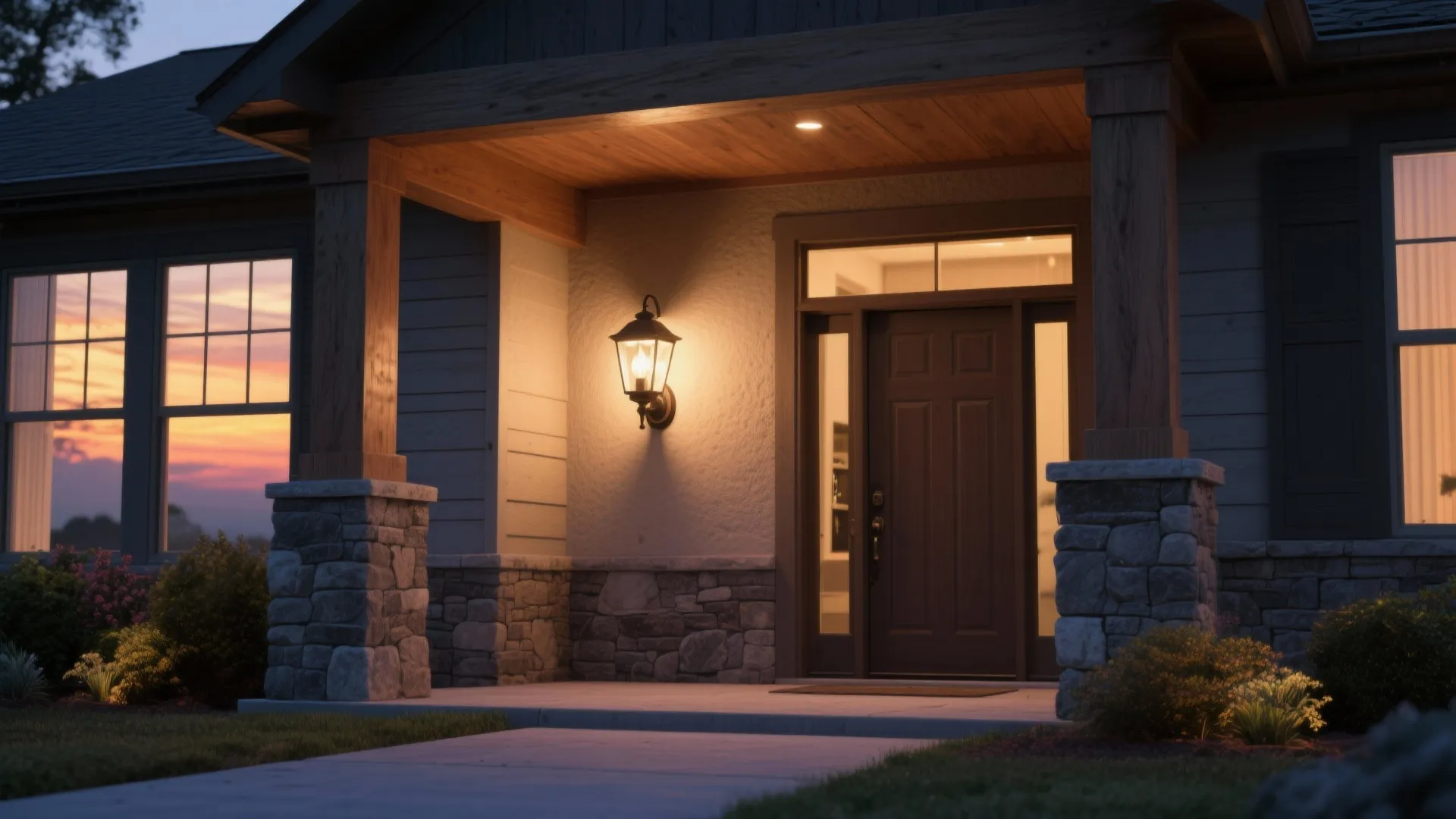 Front porch entrance of a house with stone pillars a dark door and a wall light