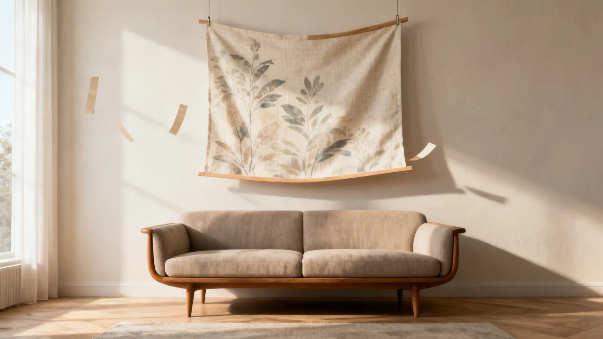 Oversized fabric art stretched on a frame floating slightly off the wall above a sofa