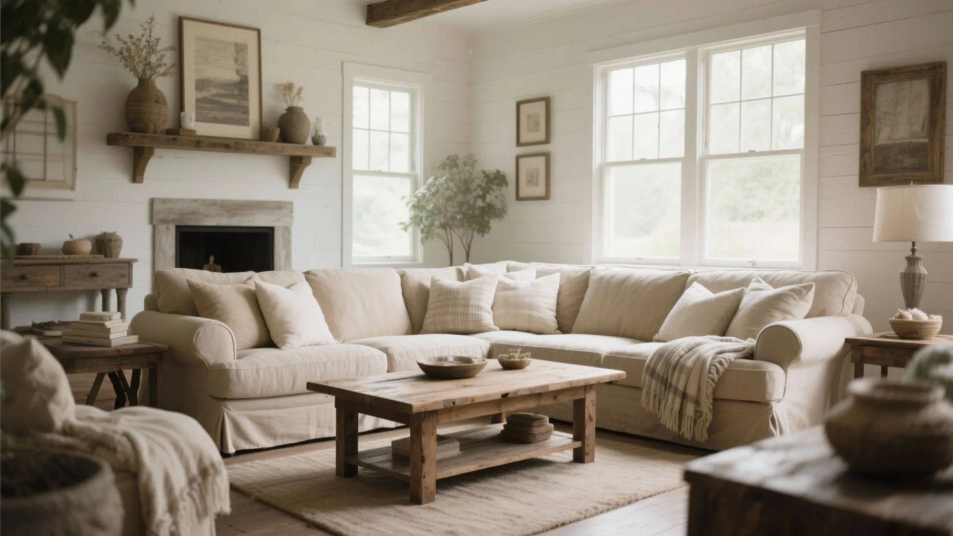 Large beige sectional sofa in farmhouse living room with wooden coffee table and white fireplace