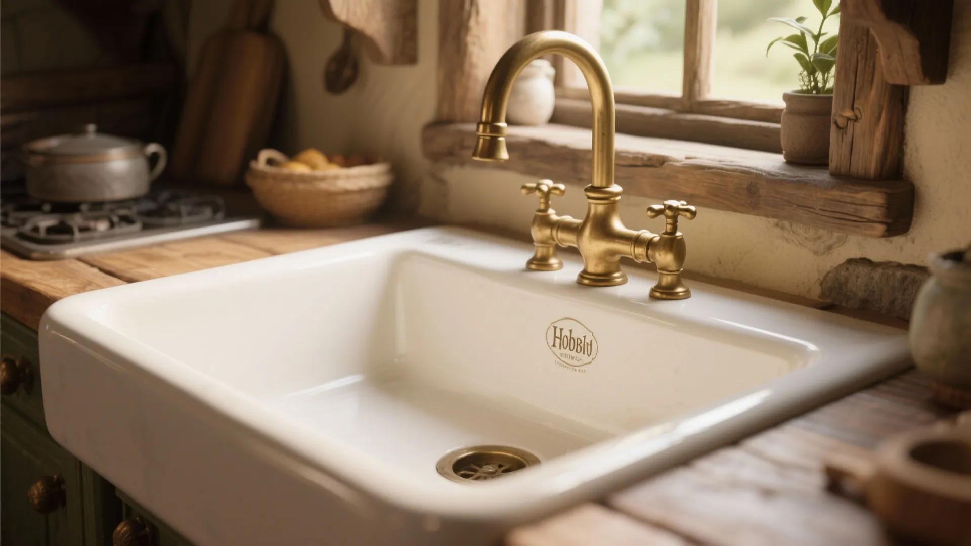 White farmhouse kitchen sink with a gold brass water tap under a rustic wood window
