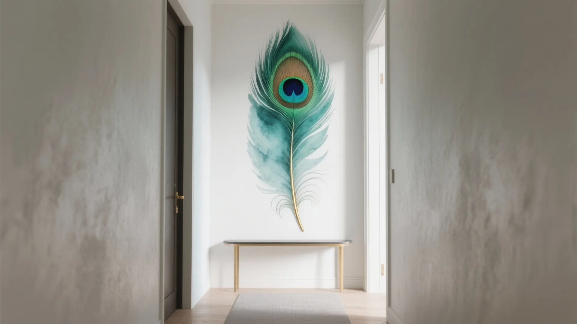 Bright hallway with a large colorful feather wall painting above a simple black narrow table