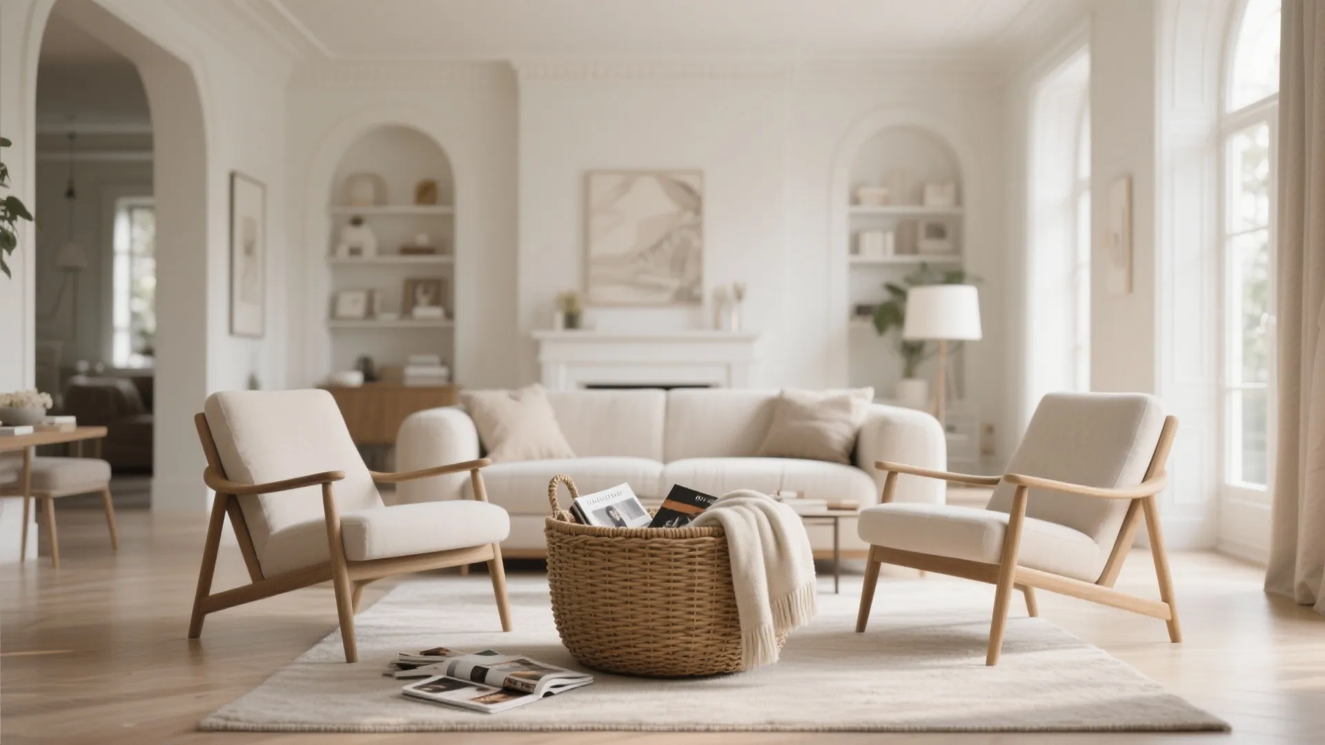 Modern bright living room with two chairs a sofa and a large woven storage basket
