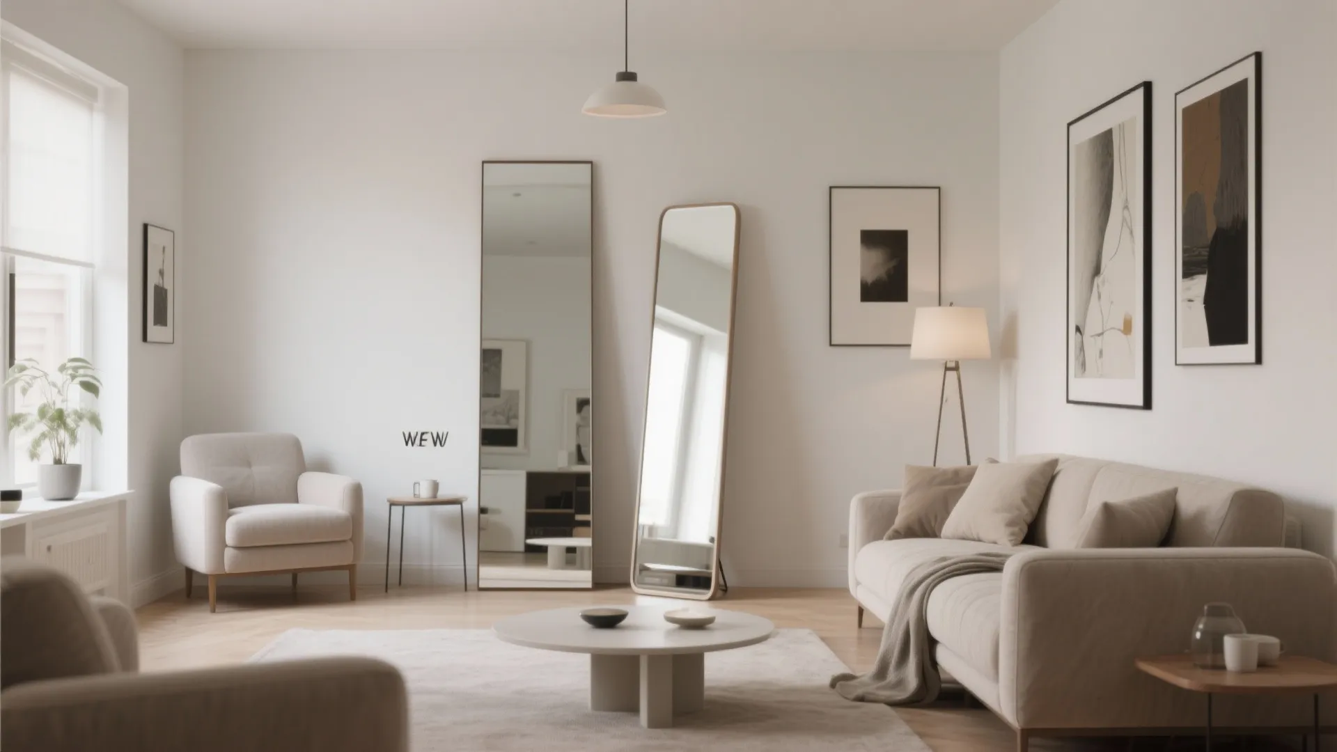 Two-meter tall mirror leaning in compact chic living room