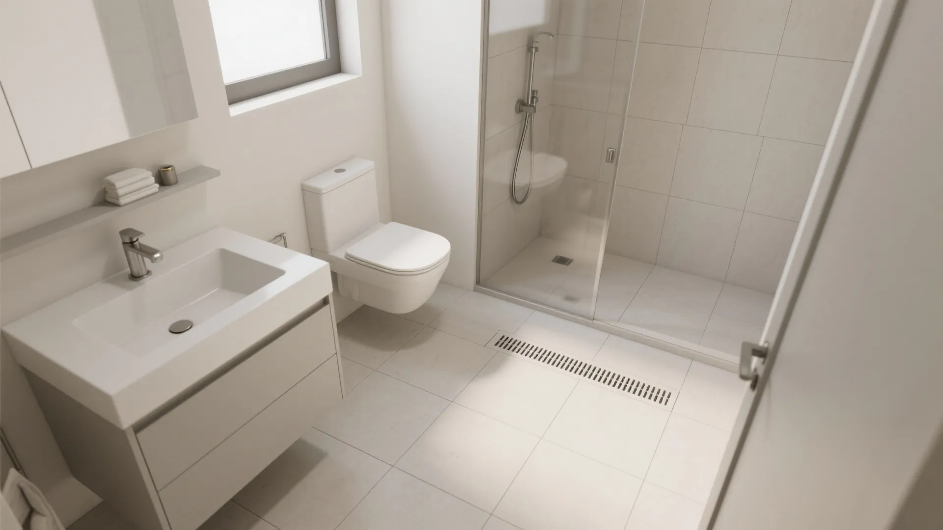 Oversized floor tiles (24x24 or 24x48) to elongate the room