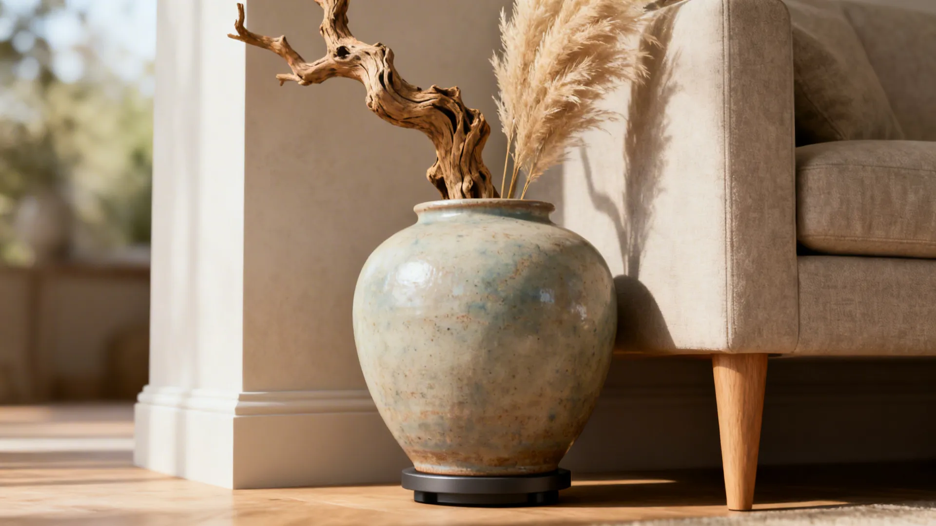 Tall ceramic floor vase with pampas grass anchored beside a sofa corner.