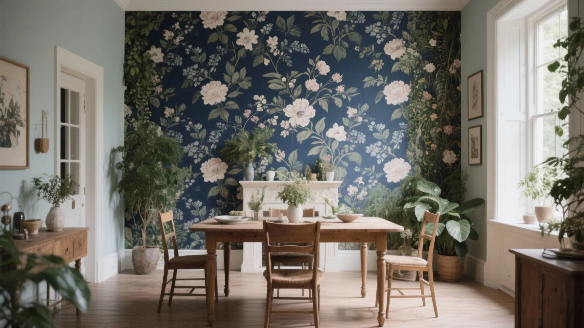 Dining room with oversized navy floral wallpaper and wooden furniture