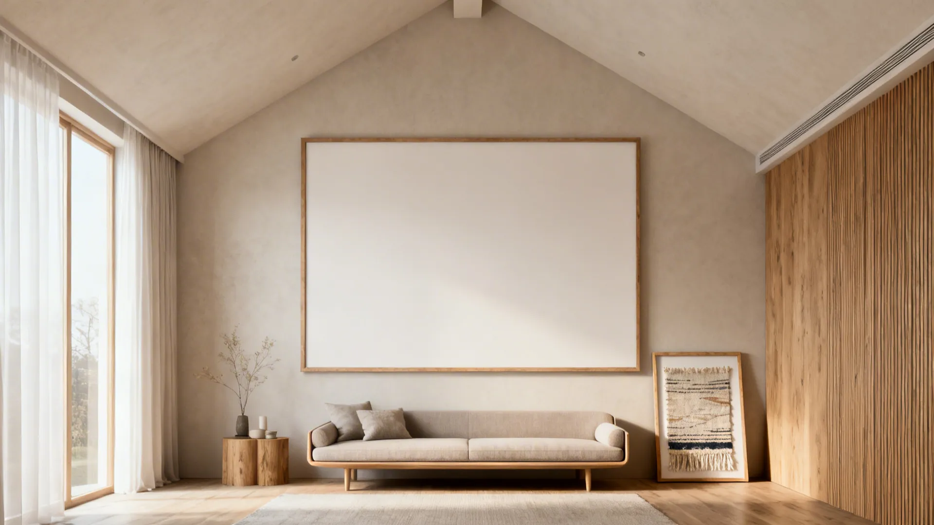 Minimal small living room centered on one oversized canvas above a slim sofa, highlighting scale and ceiling height.
