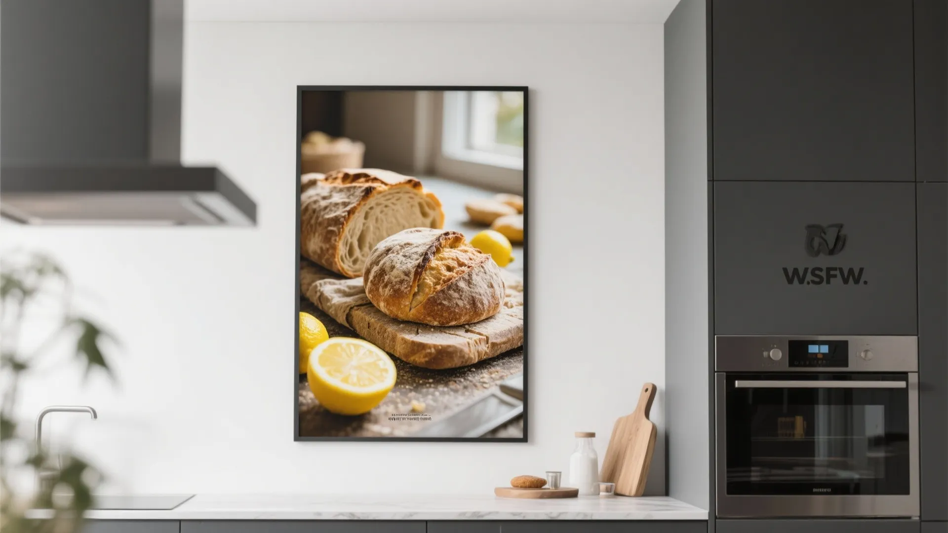 Large vertical art print of fresh bread and lemons hanging on a clean kitchen wall
