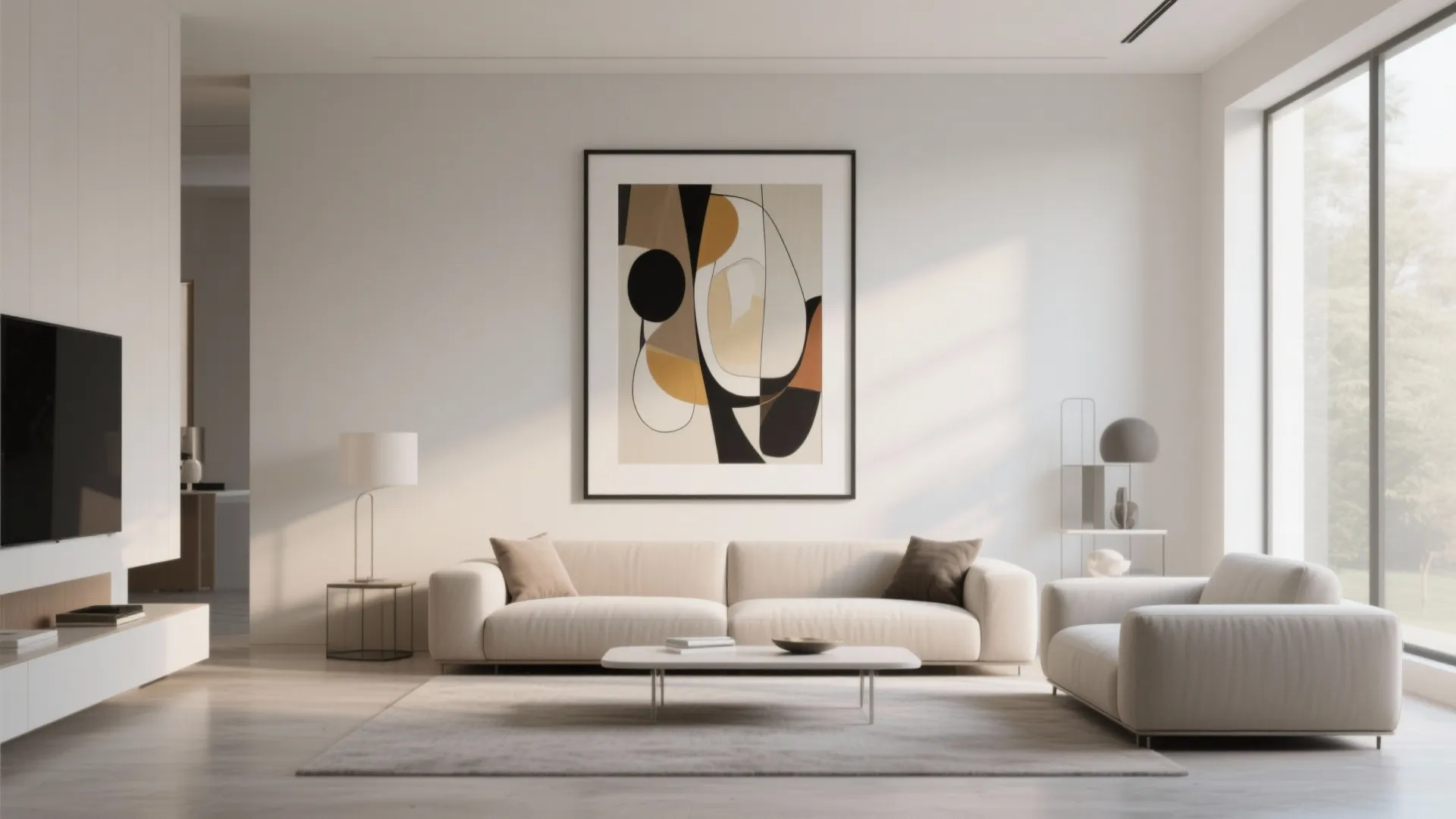 Minimalist living room with large abstract art above white sofa and big windows with light