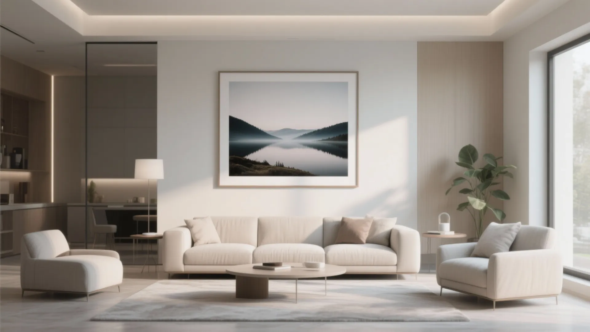 Modern living room featuring a large landscape wall art piece above a cream white sofa