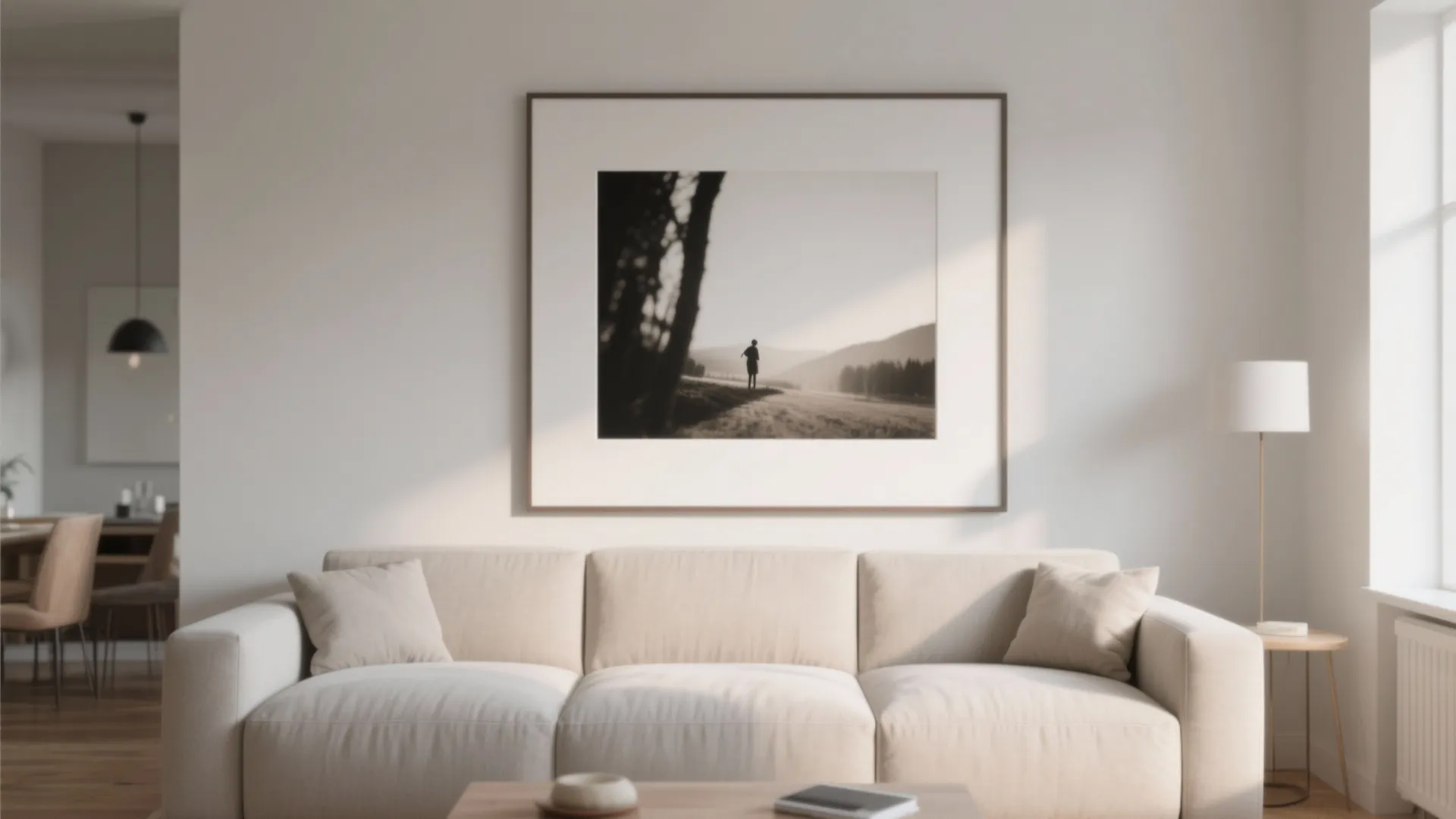 Oversized photo frame above a sofa in a contemporary living room