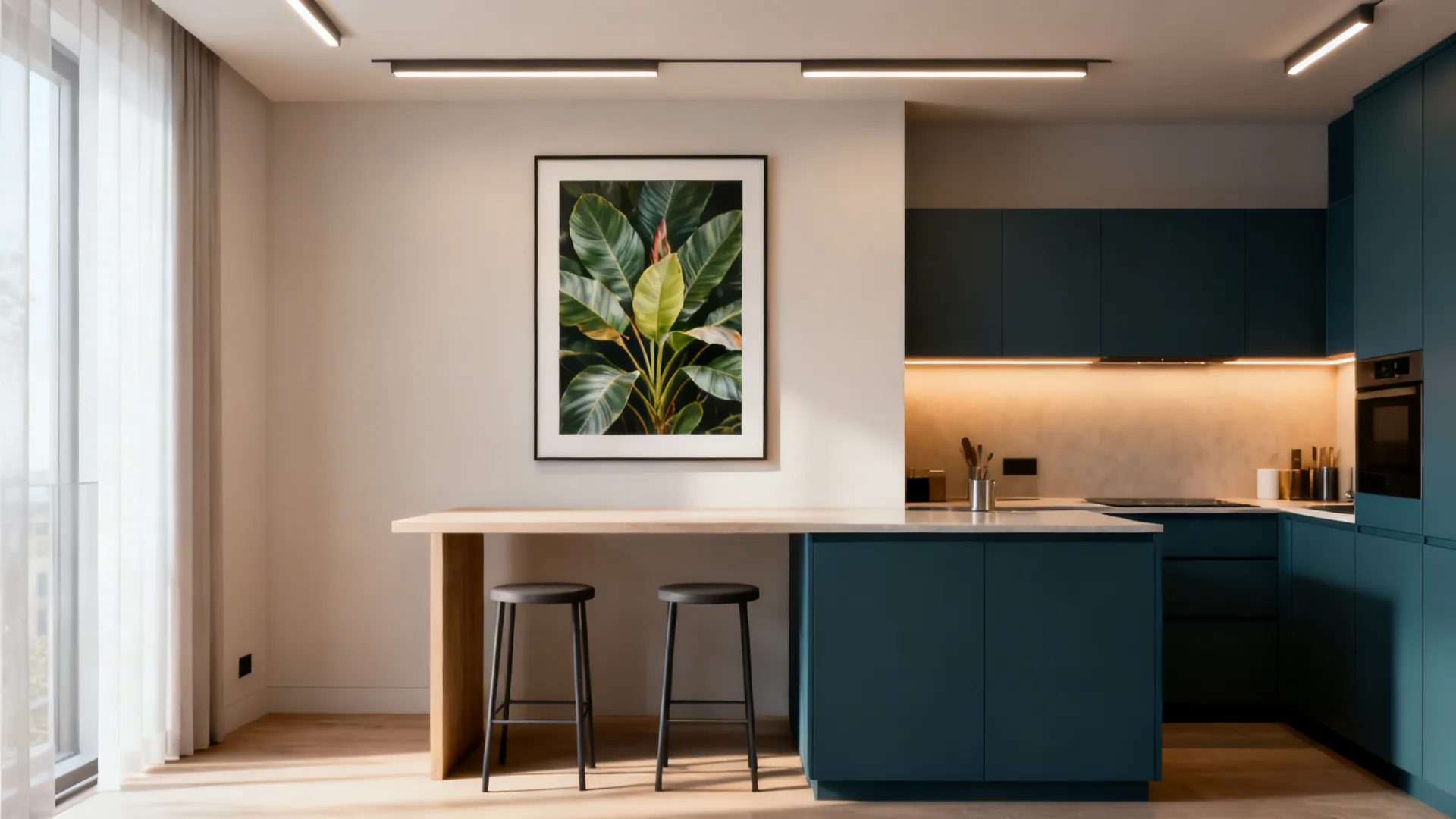 Oversized statement frame above the breakfast bar