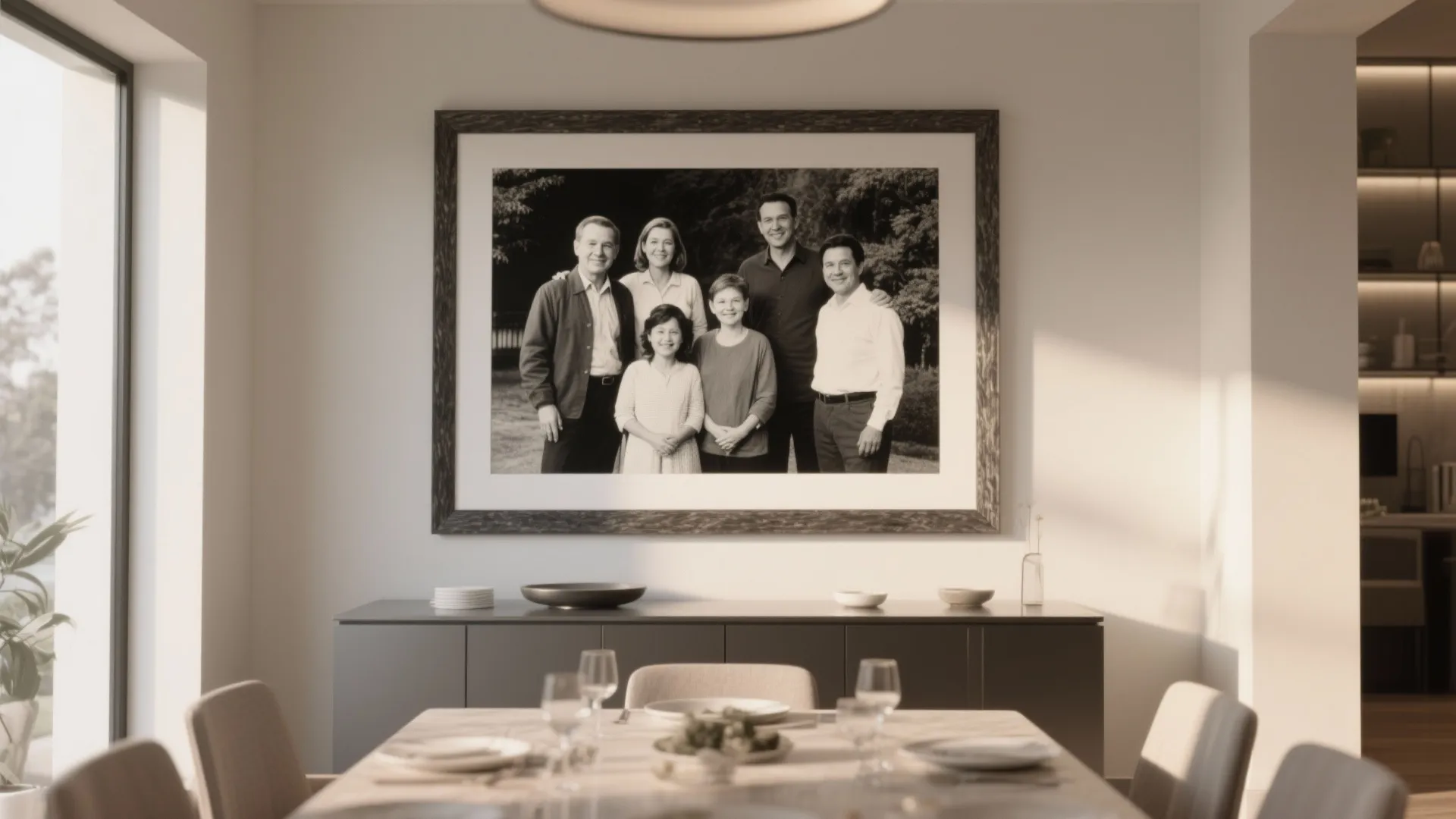 Large family photo in a wooden frame hanging above a dark cabinet in dining room