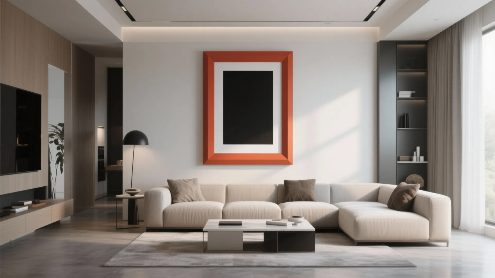 Modern living room with a large orange frame hanging above a white sofa and rug