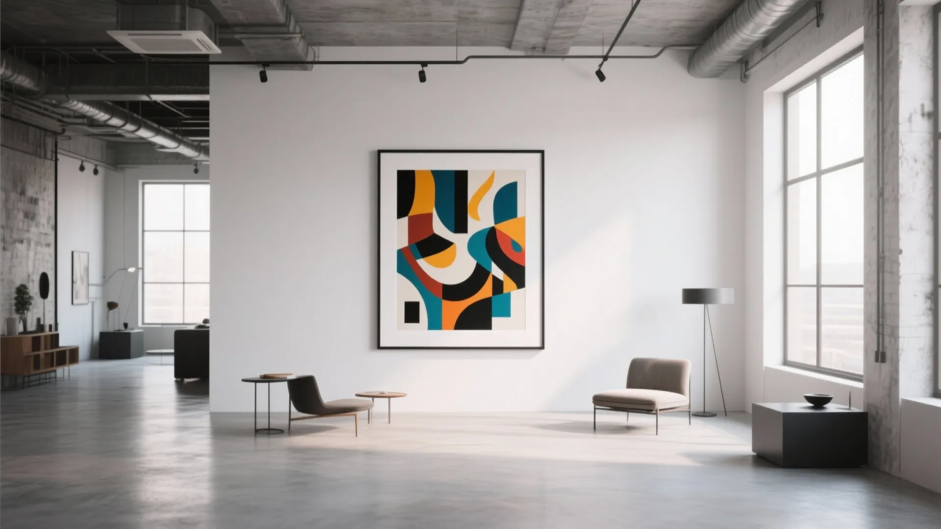 Industrial loft gallery room with abstract colorful wall art, minimalist chair, and large glass windows